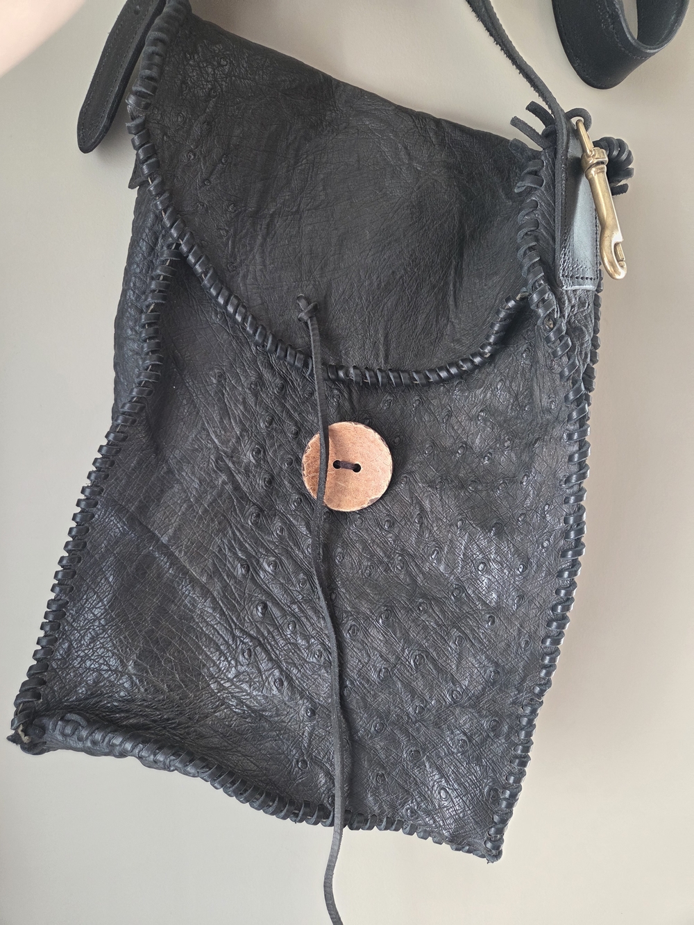 Handmade Ostrich Leather Black Woven Crossbody Bag with Button Closure